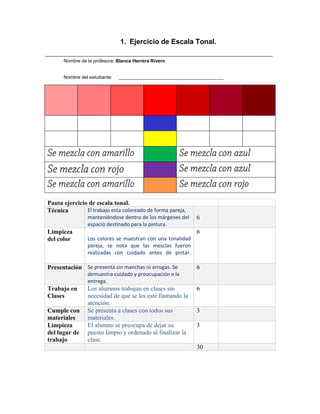 1. Ejercicio de Escala Tonal.
Nombre de la profesora: Blanca Herrera Rivero
Nombre del estudiante: ________________________________________
Pauta ejercicio de escala tonal.
Técnica El trabajo esta coloreado de forma pareja,
manteniéndose dentro de los márgenes del
espacio destinado para la pintura.
6
Limpieza
del color Los colores se muestran con una tonalidad
pareja, se nota que las mesclas fueron
realizadas con cuidado antes de pintar.
6
Presentación Se presenta sin manchas ni arrugas. Se
demuestra cuidado y preocupación e la
entrega.
6
Trabajo en
Clases
Los alumnos trabajan en clases sin
necesidad de que se les esté llamando la
atención.
6
Cumple con
materiales
Se presenta a clases con todos sus
materiales.
3
Limpieza
del lugar de
trabajo
El alumno se preocupa de dejar su
puesto limpio y ordenado al finalizar la
clase.
3
30