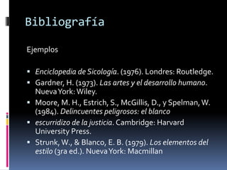 Bibliografía 
Ejemplos 
 Enciclopedia de Sicología. (1976). Londres: Routledge. 
 Gardner, H. (1973). Las artes y el desarrollo humano. 
Nueva York: Wiley. 
 Moore, M. H., Estrich, S., McGillis, D., y Spelman, W. 
(1984). Delincuentes peligrosos: el blanco 
 escurridizo de la justicia. Cambridge: Harvard 
University Press. 
 Strunk, W., & Blanco, E. B. (1979). Los elementos del 
estilo (3ra ed.). Nueva York: Macmillan 
 