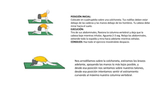 POSICIÓN INICIAL:
Colocate en cuadrupédia sobre una colchoneta. Tus rodillas deben estar
debajo de las caderas y las manos debajo de los hombros. Tu cabeza debe
mirar hacia el suelo.
EJECUCIÓN:
Tira de sus abdominales, flexiona la columna vertebral y deja que la
cabeza baje mientras inhalas. Aguanta 2-3 seg. Relaja los abdominales,
extiende toda la espalda y mira hacia adelante mientras exhalas.
CONSEJOS: Haz todo el ejercicio moviéndote despacio.
Nos arrodillamos sobre la colchoneta, estiramos los brazos
adelante, apoyando las manos lo más lejos posible, y
desde esa posición nos sentamos sobre nuestros talones,
desde esa posición intentamos sentir el estiramiento
curvando al máximo nuestra columna vertebral.
 