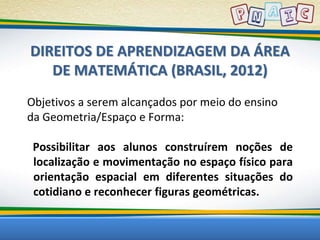 DIREITOS DE APRENDIZAGEM DA ÁREA 
DE MATEMÁTICA (BRASIL, 2012) 
Objetivos a serem alcançados por meio do ensino 
da Geometria/Espaço e Forma: 
Possibilitar aos alunos construírem noções de 
localização e movimentação no espaço físico para 
orientação espacial em diferentes situações do 
cotidiano e reconhecer figuras geométricas. 
 