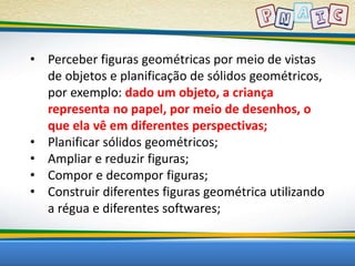 • Perceber figuras geométricas por meio de vistas 
de objetos e planificação de sólidos geométricos, 
por exemplo: dado um objeto, a criança 
representa no papel, por meio de desenhos, o 
que ela vê em diferentes perspectivas; 
• Planificar sólidos geométricos; 
• Ampliar e reduzir figuras; 
• Compor e decompor figuras; 
• Construir diferentes figuras geométrica utilizando 
a régua e diferentes softwares; 
 