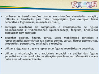 • conhecer as transformações básicas em situações vivenciadas: rotação, 
reflexão e translação para criar composições (por exemplo: faixas 
decorativas, logomarcas, animações virtuais); 
• antecipar resultados de composição e decomposição de figuras 
bidimensionais e tridimensionais (quebra-cabeça, tangram, brinquedos 
produzidos com sucatas); 
• desenhar objetos, figuras, cenas, seres mobilizando conceitos e 
representações geométricas tais como: pontos, curvas, figuras geométricas, 
proporções, perspectiva, ampliação e redução; 
• utilizar a régua para traçar e representar figuras geométricas e desenhos; 
• utilizar a visualização e o raciocínio espacial na análise das figuras 
geométricas e na resolução de situações-problema em Matemática e em 
outra áreas do conhecimento. 
 