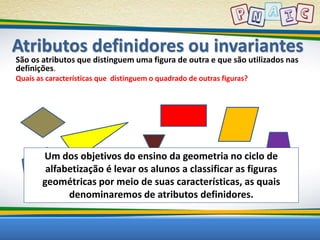Atributos definidores ou invariantes 
São os atributos que distinguem uma figura de outra e que são utilizados nas 
definições. 
Quais as características que distinguem o quadrado de outras figuras? 
Um dos objetivos do ensino da geometria no ciclo de 
alfabetização é levar os alunos a classificar as figuras 
geométricas por meio de suas características, as quais 
denominaremos de atributos definidores. 
 