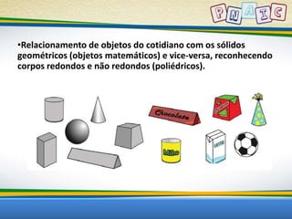 •Relacionamento de objetos do cotidiano com os sólidos 
geométricos (objetos matemáticos) e vice-versa, reconhecendo 
corpos redondos e não redondos (poliédricos). 
 