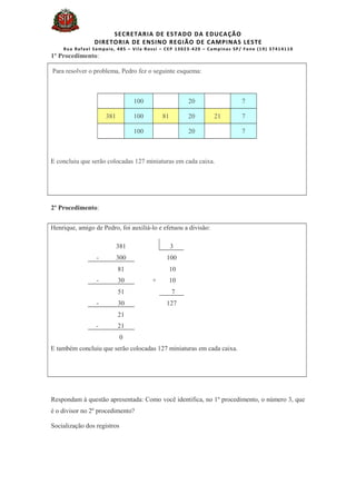 SECRETARIA DE ESTADO DA EDUCAÇÃO
DIRETORIA DE ENSINO REGIÃO DE CAMPINAS LESTE
Rua Rafael Sampaio, 485 – Vila Rossi – CEP 13023-420 – Campinas SP/ Fone (19) 37414110
1º Procedimento:
Para resolver o problema, Pedro fez o seguinte esquema:
100 20 7
381 100 81 20 21 7
100 20 7
E concluiu que serão colocadas 127 miniaturas em cada caixa.
2º Procedimento:
Henrique, amigo de Pedro, foi auxiliá-lo e efetuou a divisão:
381 3
- 300 100
81 10
- 30 + 10
51 7
- 30 127
21
- 21
0
E também concluiu que serão colocadas 127 miniaturas em cada caixa.
Respondam à questão apresentada: Como você identifica, no 1º procedimento, o número 3, que
é o divisor no 2º procedimento?
Socialização dos registros
 