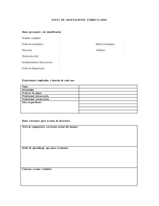 PAUTA DE ADAPTACIONES CURRICULARES
Datos personales y de identificación
Nombre completo :
Fecha de nacimiento : Edad Cronológica :
Dirección : Teléfono :
Profesor(a) Jefe :
Establecimiento Educacional :
Fecha de Diagnóstico :
Profesionales implicados y función de cada uno
Tutor
Orientador
Profesor de apoyo
Profesional intraescuela
Profesional extraescuela
Otro (especificar)
Datos relevantes para la toma de decisiones
Nivel de competencia curricular actual del alumno
Estilo de aprendizaje que posee el alumno
Contexto escolar y familiar
 