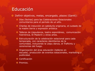 Educación
 Definir objetivos, metas, encargado, plazos (Gantt):
 Días (fechas) para las Celebraciones Estacionales
comunitarios para el período de un año.
 Charlas de inducción en sabiduría originaria, el cuidado de
la madre tierra y expresión artística
 Talleres de Llepudanza, teatro espontáneo, comunicación
histriónica, El Maderín y otras artes.
 Estructuración de la celebración estacional para cada
temporada, con caracteres identitarios de la
comunidad, incluyendo la Llepu danza, el Trafkintu y
ceremonias del fuego.
 Organización del área educación (talleres en
escuela), producción de eventos estacionales, marketing y
publicidad.
 Certificación
 Premios.
 