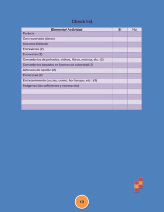 Check list
                    Elemento/ Actividad                      Sí   No
Portada
Contraportada (datos)
Columna Editorial
Entrevistas (2)
Encuestas (2)
Comentarios de películas, videos, libros, música, etc. (2)
Comentarios basados en fuentes de autoridad (2)
Artículos de opinión (2)
Publicidad (8)
Entretenimiento (puzles, comic, horóscopo, etc.) (3)
Imágenes (las suficientes y necesarias)




                                          13
 