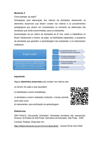 Momento 4
Como planejar as aulas?
Orientações para elaboração dos roteiros de atividades, destacando os
elementos essenciais que devem constar nos roteiros e os procedimentos
pedagógicos que devem ser considerados no momento da elaboração das
atividades que serão encaminhadas para os estudantes.
Apresentação de um roteiro de atividades do 9º ano, sobre a intolerância no
Brasil. Destacando o número de aulas; as habilidades exploradas; a sequência
de atividades que garantem a aprendizagem dos estudantes e os instrumentos
avaliativos.
Importante:
Alguns elementos essenciais para constar nos roteiros são:
a) número de aulas a que equivalem;
b) habilidades a serem trabalhadas;
c) atividades a serem realizadas (incluindo o tempo previsto
para cada uma);
d) instrumentos para verificação da aprendizagem
Referências
SÃO PAULO: Documento Orientador: Atividades escolares não presenciais.
Governo do Estado de São Paulo. Secretaria da Educação. São Paulo. 2020
Currículo Paulista. Disponível em:
https://efape.educacao.sp.gov.br/curriculopaulista/ Acesso 09 de maio 2020
 