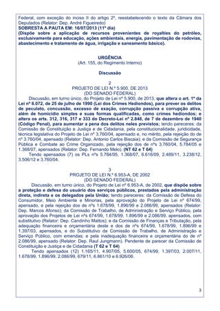 3
Federal, com exceção do inciso II do artigo 2º, reestabelecendo o texto da Câmara dos
Deputados (Relator: Dep. André Figueiredo)
SOBRESTA A PAUTA EM: 16/07/2013 (11º dia)
(Dispõe sobre a aplicação de recursos provenientes de royalties do petróleo,
exclusivamente para educação, ações ambientais, energia, pavimentação de rodovias,
abastecimento e tratamento de água, irrigação e saneamento básico).
URGÊNCIA
(Art. 155, do Regimento Interno)
Discussão
2
PROJETO DE LEI N.º 5.900, DE 2013
(DO SENADO FEDERAL)
Discussão, em turno único, do Projeto de Lei nº 5.900, de 2013, que altera o art. 1º da
Lei nº 8.072, de 25 de julho de 1990 (Lei dos Crimes Hediondos), para prever os delitos
de peculato, concussão, excesso de exação, corrupção passiva e corrupção ativa,
além de homicídio simples e suas formas qualificadas, como crimes hediondos; e
altera os arts. 312, 316, 317 e 333 do Decreto-Lei nº 2.848, de 7 de dezembro de 1940
(Código Penal), para aumentar a pena dos delitos neles previstos; tendo pareceres: da
Comissão de Constituição e Justiça e de Cidadania, pela constitucionalidade, juridicidade,
técnica legislativa do Projeto de Lei nº 3.760/04, apensado e, no mérito, pela rejeição do de
nº 3.760/04, apensado (Relator: Dep. Antonio Carlos Biscaia); e da Comissão de Segurança
Pública e Combate ao Crime Organizado, pela rejeição dos de nºs 3.760/04, 5.784/05 e
1.368/07, apensados (Relator: Dep. Fernando Melo). (NT 62 e T 64)
Tendo apensados (7) os PLs nºs 5.784/05, 1.368/07, 6.616/09, 2.489/11, 3.238/12,
3.506/12 e 3.760/04.
3
PROJETO DE LEI N.º 6.953-A, DE 2002
(DO SENADO FEDERAL)
Discussão, em turno único, do Projeto de Lei nº 6.953-A, de 2002, que dispõe sobre
a proteção e defesa do usuário dos serviços públicos, prestados pela administração
direta, indireta e os delegados pela União; tendo pareceres: da Comissão de Defesa do
Consumidor, Meio Ambiente e Minorias, pela aprovação do Projeto de Lei nº 674/99,
apensado, e pela rejeição dos de nºs 1.678/99, 1.896/99 e 2.086/99, apensados (Relator:
Dep. Marcos Afonso); da Comissão de Trabalho, de Administração e Serviço Público, pela
aprovação dos Projetos de Lei nºs 674/99, 1.678/99, 1.896/99 e 2.086/99, apensados, com
substitutivo (Relator: Dep. Candinho Mattos); e da Comissão de Finanças e Tributação, pela
adequação financeira e orçamentária deste e dos de nºs 674/99, 1.678/99, 1.896/99 e
1.397/03, apensados, e do Substitutivo da Comissão de Trabalho, de Administração e
Serviço Público, com emendas; e pela inadequação financeira e orçamentária do de nº
2.086/99, apensado (Relator: Dep. Raul Jungmann). Pendente de parecer da Comissão de
Constituição e Justiça e de Cidadania (T 62 e T 64)
Tendo apensados (12) 1.165/11, 4.907/05, 5.600/05, 674/99, 1.397/03, 2.007/11,
1.678/99, 1.896/99, 2.086/99, 679/11, 6.861/10 e 6.926/06.
 