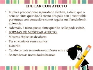 EDUCAR CON AFECTO
• Implica proporcionar seguridade afectiva, é dicir, que o
neno se sinta querido. O afecto dos pais non é sustituible
por outras compensacións como regalos ou liberdade sin
exixencia.
• Ademáis, ó neno que se sinte querido se lle pode exixir.
• FORMAS DE MOSTRAR AFECTO:
- Mostras explícitas de afecto
- Ter en conta os seus asuntos
- Exixirlle
- Cando os pais se mostran cariñosos entre eles
- Se atenden as necesidades básicas

 