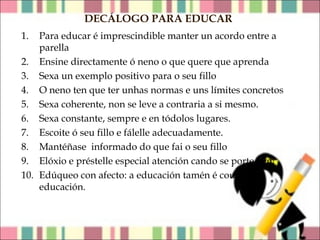 DECÁLOGO PARA EDUCAR
1.

Para educar é imprescindible manter un acordo entre a
parella
2. Ensine directamente ó neno o que quere que aprenda
3. Sexa un exemplo positivo para o seu fillo
4. O neno ten que ter unhas normas e uns límites concretos
5. Sexa coherente, non se leve a contraria a si mesmo.
6. Sexa constante, sempre e en tódolos lugares.
7. Escoite ó seu fillo e fálelle adecuadamente.
8. Mantéñase informado do que fai o seu fillo
9. Elóxio e préstelle especial atención cando se porte ben.
10. Edúqueo con afecto: a educación tamén é cousa de
educación.

 