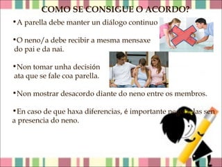 COMO SE CONSIGUE O ACORDO?
•A parella debe manter un diálogo continuo
•O neno/a debe recibir a mesma mensaxe
do pai e da nai.
•Non tomar unha decisión
ata que se fale coa parella.
•Non mostrar desacordo diante do neno entre os membros.
•En caso de que haxa diferencias, é importante negocialas sen
a presencia do neno.

 