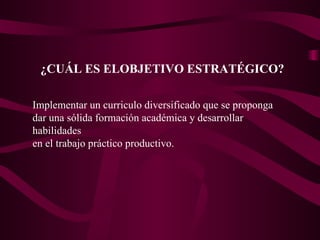 ¿CUÁL ES ELOBJETIVO ESTRATÉGICO? Implementar un curriculo diversificado que se proponga dar una sólida formación académica y desarrollar habilidades en el trabajo práctico productivo. 