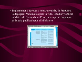 Implementar o adecuar a nuestra realidad la Propuesta Pedagógica: Matemática para la vida. Estudiar y aplicar la Matriz de Capacidades Priorizadas que se encuentra en la guía publicada por el Ministerio. 