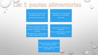 Siga un patrón de alimentación
saludable durante su vida
(Nivel adecuado de calorías)
Concéntrese en la variedad, los
nutrientes y en la cantidad.
(Porciones)
Limite las calorías que consume de
azúcares agregados y grasas
saturadas, y disminuya el consumo
de sodio
(Refrescos, panes, hamburguesas,
helados, pizzas, tortas, etc)
Elija alimentos y bebidas más
saludables
(Menor condimentación, sencillo y
más nutritivo)
Apoye los patrones saludables de
alimentación para todos
(Hogar, escuelas, trabajos, iglesias,
comunidades, etc)
 