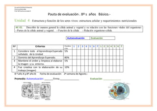 Escuela Primitiva Echeverría
Ciencias Naturales
Prof: Mª Hortencia Soto R.
Pauta de evaluación . 8º s años Básico.-
Unidad 4 : Estructura y función de los seres vivos: estructura celular y requerimientos nutricionales
AE 01. Describir de manera general la célula animal y vegetal y su relación con las funciones vitales del organismo:
› Partes de la célula animal y vegetal. › Función de la célula
› Relación organismo-célula.
Autoevaluación Evaluación
Nº Criterios Pondera
ción
1 2 3 4 5 6 7 1 2 3 4 5 6 7
1 Considera todo el AprendizajeEsperado
señalado de la Unidad
5%
2 Dominio del Aprendizaje Esperado. 80%
3 Mantiene el orden y limpieza al elaborar
la imagen y su entorno.
5%
4 Fue creativa con la elaboración de su
trabajo (imagen)
10%
8 º año A y 8º año B: Fecha de evaluación 2º semana de Agosto.-
Promedio: Autoevaluación: _______Firma._______________ Evaluación: ______________
