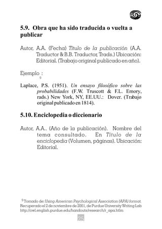 5.9. Obra que ha sido traducida o vuelta a
publicar
Autor, A.A. (Fecha) Título de la publicación (A.A.
Traductor & B.B. Traductor, Trads.) Ubicación:
Editorial. (Trabajo original publicado en año).
Ejemplo :
Laplace, P.S. (1951). Un ensayo filosófico sobre las
probabilidades (F.W. Truscott & F.L. Emory,
rads.) New York, NY, EE.UU.: Dover. (Trabajo
original publicado en 1814).
5.10. Enciclopedia o diccionario
Autor, A.A.. (Año de la publicación). Nombre del
tema consultado. En Título de la
enciclopedia (Volumen, páginas). Ubicación:
Editorial.
Tomado de:Using American Psychological Association (APA) format.
Recuperado el 2 de noviembre de 2001, de Purdue University Writing Lab
http://owl.english.purdue.edu/handouts/research/r_apa.htlm
9
9
25
 