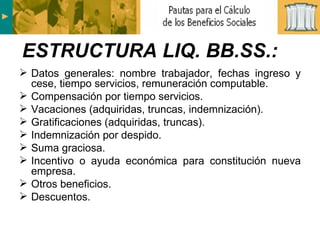 Datos generales: nombre trabajador, fechas ingreso y cese, tiempo servicios, remuneración computable. Compensación por tiempo servicios. Vacaciones (adquiridas, truncas, indemnización). Gratificaciones (adquiridas, truncas). Indemnización por despido. Suma graciosa. Incentivo o ayuda económica para constitución nueva empresa. Otros beneficios. Descuentos. ESTRUCTURA LIQ. BB.SS.: 