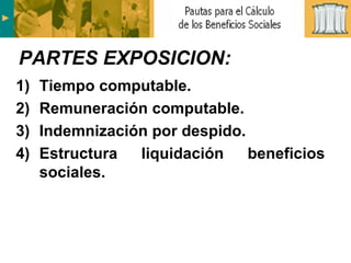 Tiempo computable. Remuneración computable. Indemnización por despido. Estructura liquidación beneficios sociales. PARTES EXPOSICION: 
