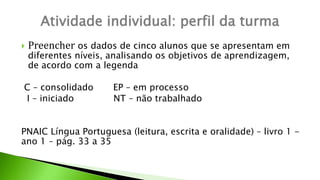 Atividade individual: perfil da turma
 Preencher os dados de cinco alunos que se apresentam em
diferentes níveis, analisando os objetivos de aprendizagem,
de acordo com a legenda
C – consolidado EP – em processo
I – iniciado NT – não trabalhado
PNAIC Língua Portuguesa (leitura, escrita e oralidade) – livro 1 -
ano 1 – pág. 33 a 35
 