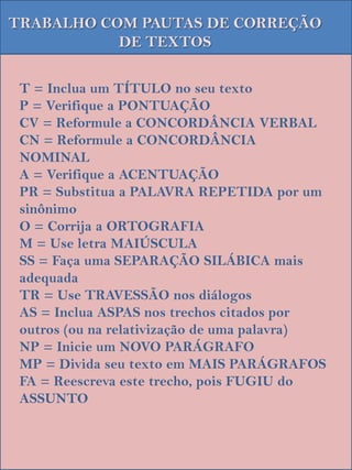 TRABALHO COM PAUTAS DE CORREÇÃO
           DE TEXTOS

 T = Inclua um TÍTULO no seu texto
 P = Verifique a PONTUAÇÃO
 CV = Reformule a CONCORDÂNCIA VERBAL
 CN = Reformule a CONCORDÂNCIA
 NOMINAL
 A = Verifique a ACENTUAÇÃO
 PR = Substitua a PALAVRA REPETIDA por um
 sinônimo
 O = Corrija a ORTOGRAFIA
 M = Use letra MAIÚSCULA
 SS = Faça uma SEPARAÇÃO SILÁBICA mais
 adequada
 TR = Use TRAVESSÃO nos diálogos
 AS = Inclua ASPAS nos trechos citados por
 outros (ou na relativização de uma palavra)
 NP = Inicie um NOVO PARÁGRAFO
 MP = Divida seu texto em MAIS PARÁGRAFOS
 FA = Reescreva este trecho, pois FUGIU do
 ASSUNTO
 