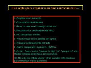 Diez reglas para regañar a un niño correctamente…   1.-Regañar en el momento 2.-Expresar los sentimientos. 3.-Pero, no caer en el chantaje emocional.  4.-Reconocer los sentimientos del niño. 5.-NO descalificar al niño.  6.-No amenazar con la pérdida del cariño. 7.-No gritar continuamente por todo 8.-Nunca compararlos con otros, NUNCA..  9.-Evitar  frases como "porque lo digo yo", "porque sí" etc... Utilizar fórmulas de cortesía con sus niños.  10.-No reñir por hábito, utilizar  otras fórmulas más positivas para conseguir lo que queremos.   