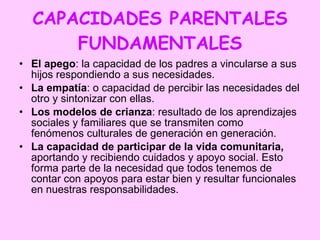 CAPACIDADES PARENTALES FUNDAMENTALES El apego : la capacidad de los padres a vincularse a sus hijos respondiendo a sus necesidades. La empatía : o capacidad de percibir las necesidades del otro y sintonizar con ellas.  Los modelos de crianza : resultado de los aprendizajes sociales y familiares que se transmiten como  fenómenos culturales de generación en generación.  La capacidad de participar de la vida comunitaria,  aportando y recibiendo cuidados y apoyo social. Esto forma parte de la necesidad que todos tenemos de contar con apoyos para estar bien y resultar funcionales en nuestras responsabilidades. 