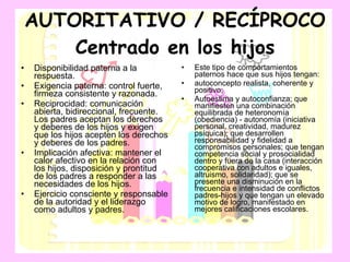AUTORITATIVO / RECÍPROCO Centrado en los hijos Disponibilidad paterna a la respuesta. Exigencia paterna: control fuerte, firmeza consistente y razonada. Reciprocidad: comunicación abierta, bidireccional, frecuente. Los padres aceptan los derechos y deberes de los hijos y exigen que los hijos acepten los derechos y deberes de los padres. Implicación afectiva: mantener el calor afectivo en la relación con los hijos, disposición y prontitud de los padres a responder a las necesidades de los hijos. Ejercicio consciente y responsable de la autoridad y el liderazgo como adultos y padres. Este tipo de comportamientos paternos hace que sus hijos tengan: autoconcepto realista, coherente y positivo;  Autoestima y autoconfianza; que manifiesten una combinación equilibrada de heteronomía (obediencia) - autonomía (iniciativa personal, creatividad, madurez psíquica); que desarrollen responsabilidad y fidelidad a compromisos personales; que tengan competencia social y prosocialidad dentro y fuera de la casa (interacción cooperativa con adultos e iguales, altruismo, solidaridad); que se presente una disminución en la frecuencia e intensidad de conflictos padres-hijos y que tengan un elevado motivo de logro, manifestado en mejores calificaciones escolares. 