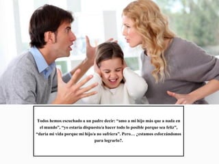 Todos hemos escuchado a un padre decir: “amo a mi hijo más que a nada en
el mundo”, “yo estaría dispuesto/a hacer todo lo posible porque sea feliz”,
“daría mi vida porque mi hijo/a no sufriera”. Pero… ¿estamos esforzándonos
para lograrlo?.
 