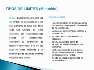  Rígidos En las familias con este tipo
de límites, la comunicación entre
sus miembros se torna muy difícil;
cada uno funciona en forma
autónoma con desproporcionado
sentido de independencia,
careciendo de sentimientos de
lealtad y pertenencia. Sólo un alto
nivel de estrés afectando a un
miembro puede activar los sistemas
de apoyo de la familia
Familia desligada
 Pueden funcionar en forma autónoma,
pero poseen desproporcionado sentido
de independencia.
 Carecen de sentimientos de lealtad y
pertenencia .
 No piden ayuda mutua cuando la
necesitan.
 Toleran una amplia gama de
variaciones individuales entre sus
miembros.
 El stress que afecta a uno de sus
miembros no atraviesa los límites
inadecuadamente rígidos.
 Tiende a no responder cuando es
necesario hacerlo.
 