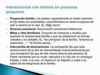  Proyección familia. Los padres, especialmente la madre trasmiten
al hijo todas sus ansiedades, convirtiéndolos en seres incapaces de
salir a camino en la vida. Ej. Hij@ eterno
 Divorcio emocional. Desconexión emocional-indiferencia.
 Mitos y ritos familiares. Conjunto de creencias y rituales que
expresan la idiosincrasia familiar y que se exteriorizan en formas
verbales y no verbales. Ej. "los principios" de la familia, "tenemos la
costumbre ... ", "la familia piensa ... “
 Intercambio de disociaciones. La concepción fija que cada
persona tiene de la otra es intercambiada inconscientemente por
una concepción fija que de ella misma tiene la otra persona. Ej.
Padre mantenido por su mujer, reprueba a su hijo por no conseguir
trabajo, y éste, a su vez, no repara en su dejadez y culpa a su
padre de las desgracias de la familia.
 
