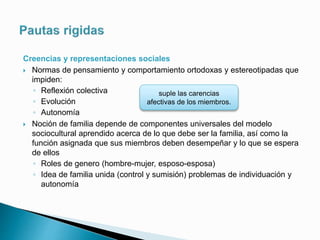 Creencias y representaciones sociales
 Normas de pensamiento y comportamiento ortodoxas y estereotipadas que
impiden:
◦ Reflexión colectiva
◦ Evolución
◦ Autonomía
 Noción de familia depende de componentes universales del modelo
sociocultural aprendido acerca de lo que debe ser la familia, así como la
función asignada que sus miembros deben desempeñar y lo que se espera
de ellos
◦ Roles de genero (hombre-mujer, esposo-esposa)
◦ Idea de familia unida (control y sumisión) problemas de individuación y
autonomía
suple las carencias
afectivas de los miembros.
 