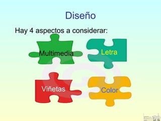 Diseño
Hay 4 aspectos a considerar:
Color
Multimedia Letra
Viñetas
 