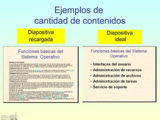 Ejemplos de
cantidad de contenidos
Diapositiva
ideal
Diapositiva
recargada
 