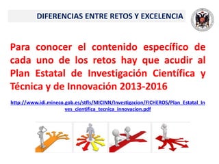 DIFERENCIAS ENTRE RETOS Y EXCELENCIA
Para conocer el contenido específico de
cada uno de los retos hay que acudir al
Plan Estatal de Investigación Científica y
Técnica y de Innovación 2013-2016
http://www.idi.mineco.gob.es/stfls/MICINN/Investigacion/FICHEROS/Plan_Estatal_In
ves_cientifica_tecnica_innovacion.pdf
 