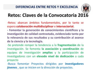 Retos: Claves de la Convocatoria 2016
DIFERENCIAS ENTRE RETOS Y EXCELENCIA
-Retos: abarcan ámbitos fundamentales, por lo tanto se
espera colaboración multidisciplinar e intersectorial.
- Fomentar la generación de conocimientos científicos y la
investigación de calidad contrastada, evidenciada tanto por
la relevancia de sus resultados y su contribución al avance
de la ciencia y la tecnología.
-Se pretende romper la tendencia a la fragmentación de la
investigación. Se fomenta la asociación y coordinación de
equipos de investigación amplios y la participación de
investigadores con un elevado nivel de dedicación a cada
proyecto
-Busca fomentar Proyectos dirigidos por investigadores
jóvenes , que se inicien en la dirección de proyectos.
 