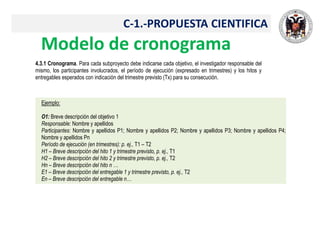Modelo de cronograma
4.3.1 Cronograma. Para cada subproyecto debe indicarse cada objetivo, el investigador responsable del
mismo, los participantes involucrados, el período de ejecución (expresado en trimestres) y los hitos y
entregables esperados con indicación del trimestre previsto (Tx) para su consecución.
Ejemplo:
O1: Breve descripción del objetivo 1
Responsable: Nombre y apellidos
Participantes: Nombre y apellidos P1; Nombre y apellidos P2; Nombre y apellidos P3; Nombre y apellidos P4;
Nombre y apellidos Pn
Período de ejecución (en trimestres): p. ej., T1 – T2
H1 – Breve descripción del hito 1 y trimestre previsto, p. ej., T1
H2 – Breve descripción del hito 2 y trimestre previsto, p. ej., T2
Hn – Breve descripción del hito n …
E1 – Breve descripción del entregable 1 y trimestre previsto, p. ej., T2
En – Breve descripción del entregable n…
C-1.-PROPUESTA CIENTIFICA
 