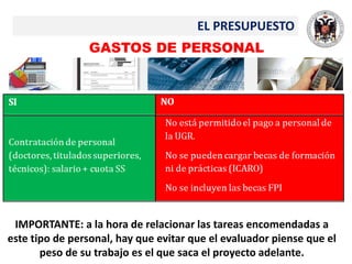 EL PRESUPUESTO
GASTOS DE PERSONAL
IMPORTANTE: a la hora de relacionar las tareas encomendadas a
este tipo de personal, hay que evitar que el evaluador piense que el
peso de su trabajo es el que saca el proyecto adelante.
 