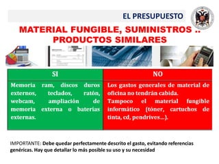EL PRESUPUESTO
MATERIAL FUNGIBLE, SUMINISTROS ..
PRODUCTOS SIMILARES
IMPORTANTE: Debe quedar perfectamente descrito el gasto, evitando referencias
genéricas. Hay que detallar lo más posible su uso y su necesidad
 