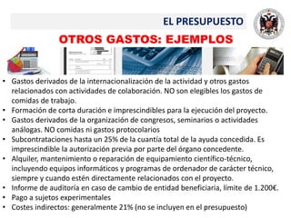 • Gastos derivados de la internacionalización de la actividad y otros gastos
relacionados con actividades de colaboración. NO son elegibles los gastos de
comidas de trabajo.
• Formación de corta duración e imprescindibles para la ejecución del proyecto.
• Gastos derivados de la organización de congresos, seminarios o actividades
análogas. NO comidas ni gastos protocolarios
• Subcontrataciones hasta un 25% de la cuantía total de la ayuda concedida. Es
imprescindible la autorización previa por parte del órgano concedente.
• Alquiler, mantenimiento o reparación de equipamiento científico-técnico,
incluyendo equipos informáticos y programas de ordenador de carácter técnico,
siempre y cuando estén directamente relacionados con el proyecto.
• Informe de auditoría en caso de cambio de entidad beneficiaria, límite de 1.200€.
• Pago a sujetos experimentales
• Costes indirectos: generalmente 21% (no se incluyen en el presupuesto)
EL PRESUPUESTO
OTROS GASTOS: EJEMPLOS
 