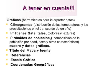 A tener en cuenta!!!A tener en cuenta!!!
Gráficos (herramientas para interpretar datos)
 Climogramas (distribución de las temperaturas y las
precipitaciones en el transcurso de un año)
 Imágenes Satelitales, (colores y texturas)
 Pirámides de población,( composición de la
población por edad, sexo y otras características)
cuadro y datos gráficos.
 Título del Mapa y fuente
 Referencias
 Escala Gráfica.
 Coordenadas Geográficas
 