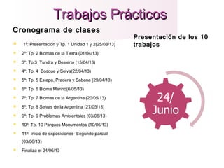 Trabajos PrácticosTrabajos Prácticos
Cronograma de clasesCronograma de clases
 1º: Presentación y Tp. 1 Unidad 1 y 2(25/03/13)
 2º: Tp. 2 Biomas de la Tierra (01/04/13)
 3º: Tp.3 Tundra y Desierto (15/04/13)
 4º: Tp. 4 Bosque y Selva(22/04/13)
 5º: Tp. 5 Estepa, Pradera y Sabana (29/04/13)
 6º: Tp. 6 Bioma Marino(6/05/13)
 7º: Tp. 7 Biomas de la Argentina (20/05/13)
 8º: Tp. 8 Selvas de la Argentina (27/05/13)
 9º: Tp. 9 Problemas Ambientales (03/06/13)
 10º: Tp. 10 Parques Monumentos (10/06/13)
 11º: Inicio de exposiciones- Segundo parcial
(03/06/13)
 Finaliza el 24/06/13
Presentación de los 10Presentación de los 10
trabajostrabajos
 