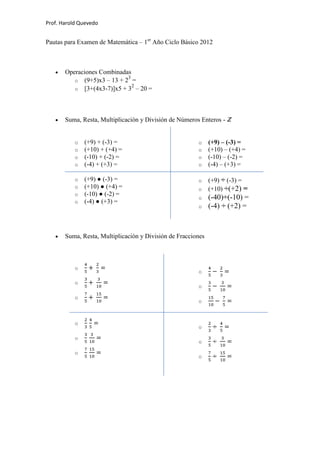 Prof. Harold Quevedo


Pautas para Examen de Matemática – 1er Año Ciclo Básico 2012



       Operaciones Combinadas
                            3
          o (9+5)x3 – 13 + 2 =
                              2
          o [3+(4x3-7)]x5 + 3 – 20 =




       Suma, Resta, Multiplicación y División de Números Enteros - Z


           o   (+9) + (-3) =                            o     (+9) – (-3) =
           o   (+10) + (+4) =                           o     (+10) – (+4) =
           o   (-10) + (-2) =                           o     (-10) – (-2) =
           o   (-4) + (+3) =                            o     (-4) – (+3) =

           o   (+9) ● (-3) =                            o     (+9) ÷ (-3) =
           o   (+10) ● (+4) =                           o     (+10) ÷(+2) =
           o   (-10) ● (-2) =
                                                        o     (-40)÷(-10) =
           o   (-4) ● (+3) =
                                                        o     (-4) ÷ (+2) =


       Suma, Resta, Multiplicación y División de Fracciones



           o
                                                        o

           o
                                                        o

           o
                                                        o



           o
                                                        o

           o
                                                        o

           o
                                                        o
 