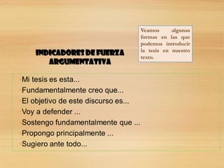 Veamos algunas
formas en las que
podemos introducir
la tesis en nuestro
texto.
 