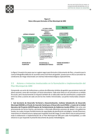 PAUTAS METODOLÓGICAS PARA LA
PLANIFICACIÓN MUNICIPAL DE LA
GESTIÓN DEL RIESGO DE DESASTRES

Figura 3
Ruta crítica para formular el Plan Municipal de GRD

La ﬁgura 3 muestra los pasos que se sugiere seguir para formular el documento de Plan, y muestra que la
cuenca hidrográﬁca debe de ser asumida como el territorio de gestión, puesto que en ella se concretan las
condiciones de riesgo relacionado con eventos hidrometeorológicos especialmente.

2.5 Actores e instancias involucrados en la formulación e implementación del
Plan Municipal de GRD
Comprende una serie de instituciones y actores de diferentes ámbitos de gestión que provienen tanto del
plano nacional, como del municipal y el local-comunitario. Cada actor tiene un rol concreto en su ámbito
de acción, pero necesariamente se requiere también de un adecuado nivel de coordinación y cooperación
entre los entes y actores de cada uno de los tres niveles mencionados. Las partes involucradas comprenden:
• Sub Secretaría de Desarrollo Territorial y Descentralización, Instituto Salvadoreño de Desarrollo
Municipal (ISDEM) y el Fondo de Inversión Social para el Desarrollo Local (FISDL) a través de la Unidad
Ejecutora del Proyecto (UEP)/Proyecto de Fortalecimiento de Gobiernos Locales (PFGL). Este ente está
promoviendo de forma intensa, permanente e informada diferentes procesos de apoyo a los gobiernos
locales, los cuales incluyen fortalecimiento de capacidades de planiﬁcación estratégica, rescate ﬁnanciero,
inversiones en infraestructura y apoyo para la gestión local del riesgo. En este último caso se está promoviendo la elaboración e implementación de un Plan Municipal de GRD para cada municipalidad, y a este
esfuerzo es que responde el presente documento de pautas metodológicas.

24

 