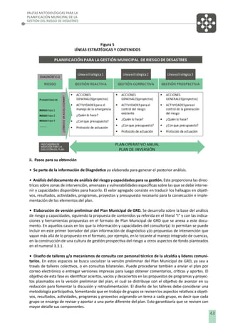 PAUTAS METODOLÓGICAS PARA LA
PLANIFICACIÓN MUNICIPAL DE LA
GESTIÓN DEL RIESGO DE DESASTRES

Figura 5
LÍNEAS ESTRATÉGICAS Y CONTENIDOS

ii. Pasos para su obtención
• Se parte de la información de Diagnóstico ya elaborada para generar el posterior análisis.
• Análisis del documento de análisis del riesgo y capacidades para su gestión. Este proporciona las directrices sobre zonas de intervención, amenazas y vulnerabilidades especíﬁcas sobre las que se debe intervenir y capacidades disponibles para hacerlo. El valor agregado consiste en traducir los hallazgos en objetivos, resultados, actividades, programas, proyectos y presupuesto necesario para la consecución e implementación de los elementos del plan.
• Elaboración de versión preliminar del Plan Municipal de GRD. Se desarrolla sobre la base del análisis
de riesgo y capacidades, siguiendo la propuesta de contenidos ya referida en el literal “i” y con las indicaciones y herramientas propuestas en el formato de Plan Municipal de GRD que se anexa a este documento. En aquellos casos en los que la información y capacidades del consultor(a) lo permitan se puede
incluir en este primer borrador del plan información de diagnóstico y/o propuestas de intervención que
vayan más allá de lo propuesto en el formato, por ejemplo, en lo tocante al manejo integrado de cuencas,
en la construcción de una cultura de gestión prospectiva del riesgo u otros aspectos de fondo planteados
en el numeral 3.3.1.
• Diseño de talleres y/o mecanismos de consulta con personal técnico de la alcaldía y lideres comunitarios. En estos espacios se busca socializar la versión preliminar del Plan Municipal de GRD, ya sea a
través de talleres colectivos, o en consultas bilaterales. Puede procederse también a enviar el plan por
correo electrónico o entregar versiones impresas para luego obtener comentarios, críticas y aportes. El
objetivo de esta fase es identiﬁcar aciertos, vacíos y desaciertos en las propuestas de programas y proyectos plasmados en la versión preliminar del plan, el cual se distribuye con el objetivo de avanzar en su
redacción para fomentar la discusión y retroalimentación. El diseño de los talleres debe considerar una
metodología participativa, fomentando que en trabajo de grupos se revisen los aspectos relativos a objetivos, resultados, actividades, programas y proyectos asignando un tema a cada grupo, es decir que cada
grupo se encarga de revisar y aportar a una parte diferente del plan. Esto garantizaría que se revisen con
mayor detalle sus componentes.

43

 