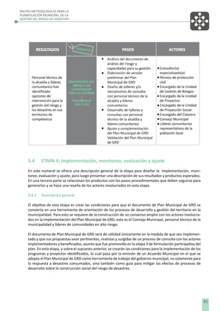 PAUTAS METODOLÓGICAS PARA LA
PLANIFICACIÓN MUNICIPAL DE LA
GESTIÓN DEL RIESGO DE DESASTRES

3.4

ETAPA 4: Implementación, monitoreo, evaluación y ajuste

En este numeral se ofrece una descripción general de la etapa para diseñar la implementación, monitoreo, evaluación y ajuste, para luego presentar una descripción de sus resultados y productos esperados.
En una tercera parte se relacionan los productos con los pasos procedimentales que deben seguirse para
generarlos y se hace una reseña de los actores involucrados en esta etapa.
3.4.1

Descripción general

El objetivo de esta etapa es crear las condiciones para que el documento de Plan Municipal de GRD se
convierta en una herramienta de orientación de los procesos de desarrollo y gestión del territorio en la
municipalidad. Para esto se requiere de la construcción de un consenso amplio con los actores involucrados en la implementación del Plan Municipal de GRD, esto es el Concejo Municipal, personal técnico de la
municipalidad y líderes de comunidades en alto riesgo.
El documento de Plan Municipal de GRD será de utilidad únicamente en la medida de que sea implementado y que sus propuestas sean pertinentes, realistas y surgidas de un proceso de consulta con los actores
implementadores y beneﬁciados, asunto que fue promovido en la etapa 3 de formulación participativa del
plan. En esta etapa, y sobre el supuesto anterior, se crearán las condiciones para la implementación de los
programas y proyectos identiﬁcados, lo cual pasa por la emisión de un Acuerdo Municipal en el que se
adopta el Plan Municipal de GRD como herramienta de trabajo del gobierno municipal, no solamente para
la respuesta a desastres consumados, sino también como guía para mitigar los efectos de procesos de
desarrollo sobre la construcción social del riesgo de desastres.

45

 
