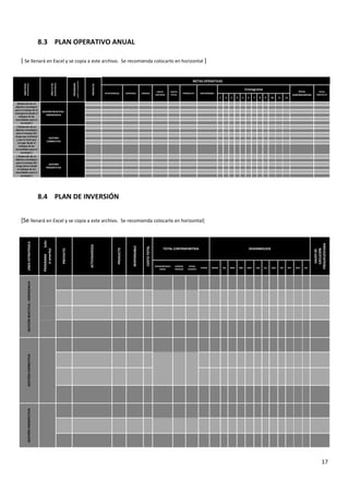 8.3 PLAN OPERATIVO ANUAL

[Redacción de un
objetivo estratégico
para el manejo de la
emergencia desde el
enfoque de las
necesidades para el
municipio ]
[ Redacción de un
objetivo estratégico
para el manejo del
riesgo que existente
y que se tiene que
corregir desde el
enfoque de las
necesidades para el
municipio ]
[ Redacción de un
objetivo estratégico
para el manejo del
riesgo futuro desde
el enfoque de las
necesidades para el
municipio ]

METAS OPERATIVAS
PROYECTO

OBJETIVOS

ESTRATÉGICOS

LÍNEA O EJE

ESTRATÉGICO

PROGRAMA
(sólo si amerita)

[ Se llenará en Excel y se copia a este archivo. Se recomienda colocarlo en horizontal ]

ACTIVIDADE(S)

CANTIDAD

UNIDAD

COSTO
UNITARIO

COSTO
TOTAL

Cronograma
PRODUCTO

RESPONSABLE

1

2

3

4

5

6

7

8

9

10

11

12

TOTAL
CONTRAPARTIDA

TOTAL
PROYECTO

GESTIÓN REACTIVA :
EMERGENCIA

GESTIÓN
CORRECTIVA

GESTIÓN
PROSPECTIVA

8.4 PLAN DE INVERSIÓN

TRANSFERENCIA
FODES

FONDOS
PROPIOS

OTRAS
FUENTES

DESEMBOLSOS

OTROS

ENERO

FEB

MAR

ABR

MAY

JUN

JUL

AGO

SEP

OCT

NOV

DIC

SALDO DE
EJECUCIÓN
PRESUPUESTARIA

COSTO TOTAL

RESPONSABLE

PRODUCTO

ACTIVIDADES(S)

PROYECTO

PROGRAMA
(sólo
si amerita)

TOTAL CONTRAPARTIDA

GESTIÓN PROSPECTIVA

GESTIÓN CORRECTIVA

GESTIÓN REACTIVA : EMERGENCIA

LÍNEA ESTRATÉGICA

[Se llenará en Excel y se copia a este archivo. Se recomienda colocarlo en horizontal]

17

 