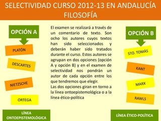 SELECTIVIDAD CURSO 2012-13 EN ANDALUCÍA
               FILOSOFÍA
                     El examen se realizará a través de
 OPCIÓN A            un comentario de texto. Son                OPCIÓN B
                     ocho los autores cuyos textos
                     han sido seleccionados y
                     deberán haber sido tratados
                     durante el curso. Estos autores se
                     agrupan en dos opciones (opción
                     A y opción B) y en el examen de
                     selectividad nos pondrán un
                     autor de cada opción entre los
                     que tendremos que elegir.
                     Las dos opciones giran en torno a
                     la línea ontoepistemológica o a la
                     línea ético-política
     ORTEGA


       LÍNEA
                                                          LÍNEA ÉTICO-POLÍTICA
ONTOEPISTEMOLÓGICA
 